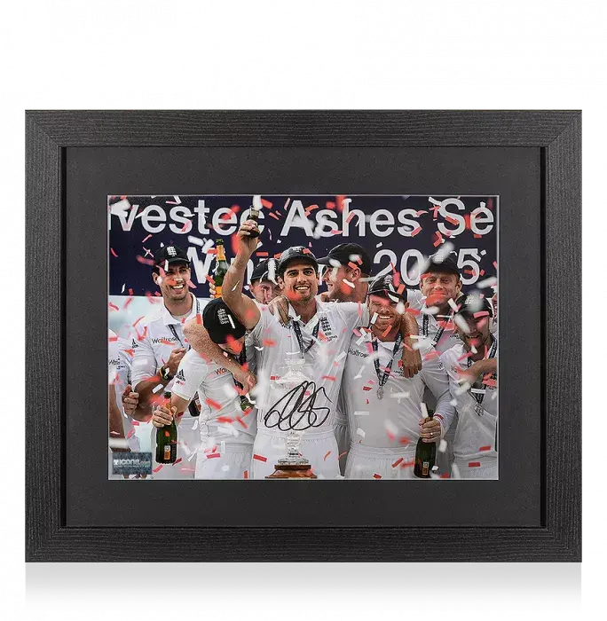 Alastair Cook Signed England Cricket Photo In Black Wooden Frame: 2015 Ashes Winner