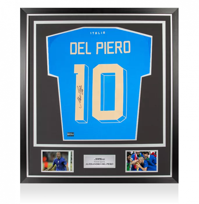 Alessandro Del Piero Back Signed Italy 2022-23 Home Shirt with Fan Style Numbers In Classic Frame