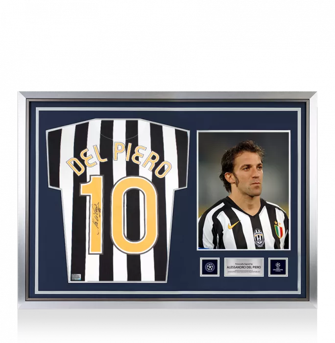 Alessandro Del Piero Official UEFA Champions League Back Signed and Hero Framed Juventus Retro Home Shirt With Fan Style Numbers