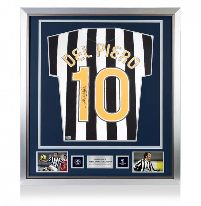 Alessandro Del Piero Official UEFA Champions League Back Signed and Framed Juventus Retro Home Shirt With Fan Style Numbers