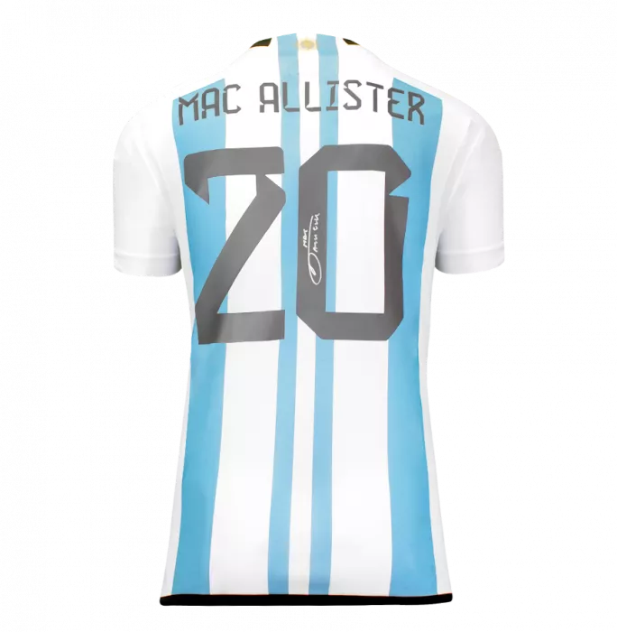 Alexis Mac Allister Official 2022 FIFA World Cup™ Back Signed And Hero Framed Argentina 2022-23 Home Shirt