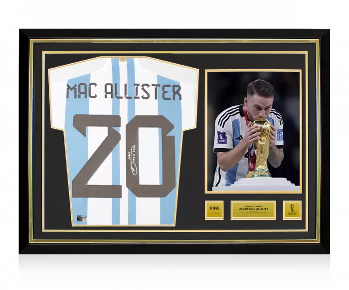 Alexis Mac Allister Official 2022 FIFA World Cup™ Back Signed and Hero Framed Argentina 2022-23 Home Shirt