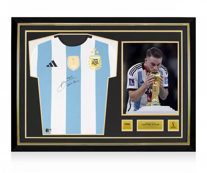 Alexis Mac Allister Official 2022 FIFA World Cup™ Front Signed and Hero Framed Argentina 2022 Home Shirt