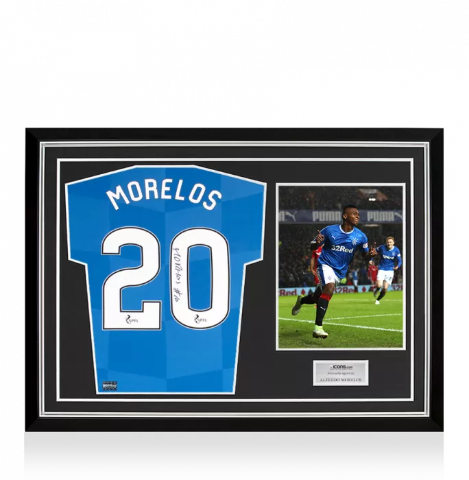 Alfredo Morelos Back Signed Rangers 2017-18 Home Shirt Home Shirt In Hero Frame: Option 1