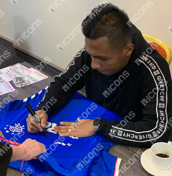 Alfredo Morelos Front Signed Rangers 2018-19 Home Shirt In Hero Frame: Option 1