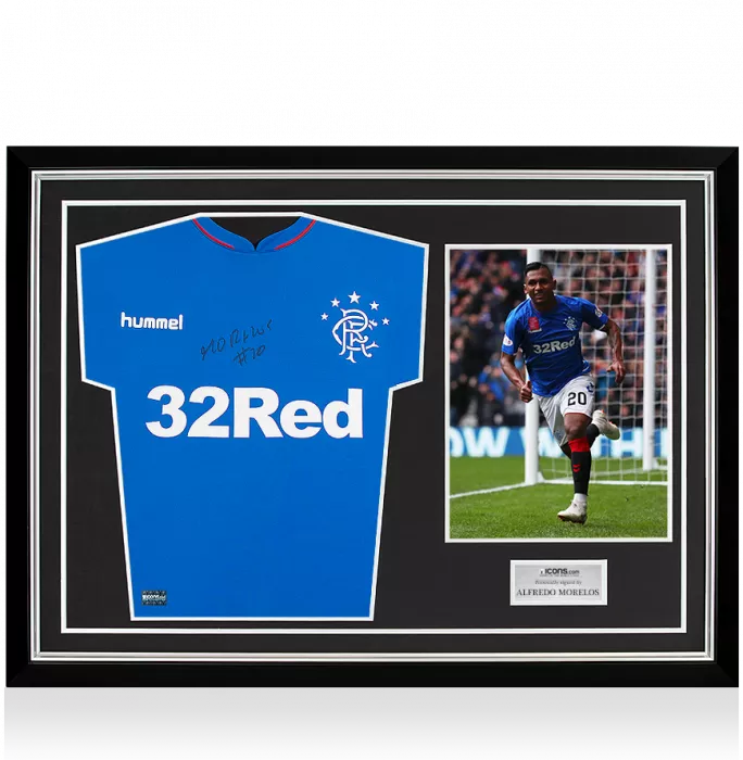 Alfredo Morelos Front Signed Rangers 2018-19 Home Shirt In Hero Frame: Option 1