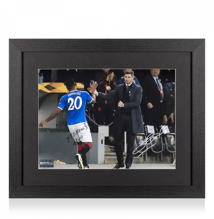 Alfredo Morelos & Steven Gerrard Signed Rangers Photo In Black Wooden Frame: The Boss and The Buffalo