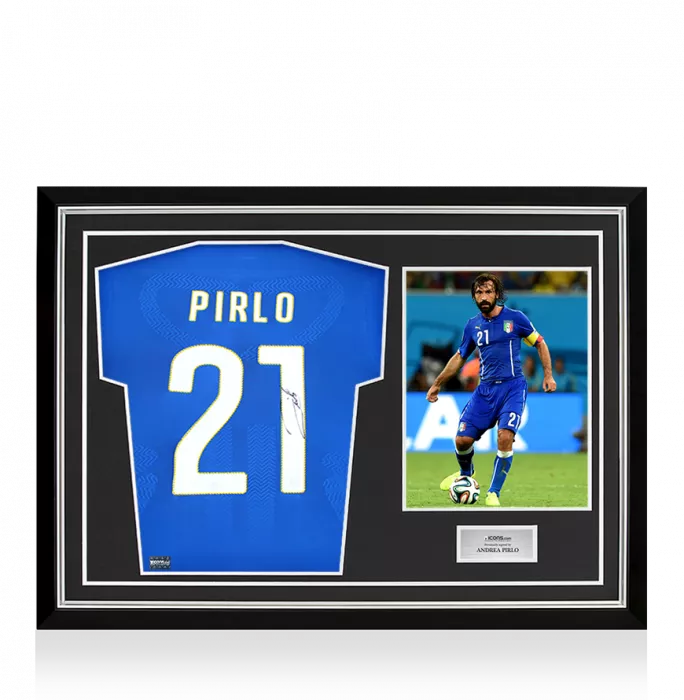 Andrea Pirlo Back Signed Signed Italy 2014 Home Shirt: Long Sleeved In Hero Frame: Option 1