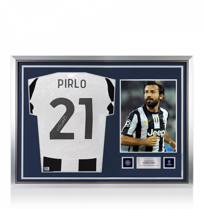 Andrea Pirlo Official UEFA Champions League Back Signed and Hero Framed Juventus 2024-25 Home Shirt With Fan Style Numbers