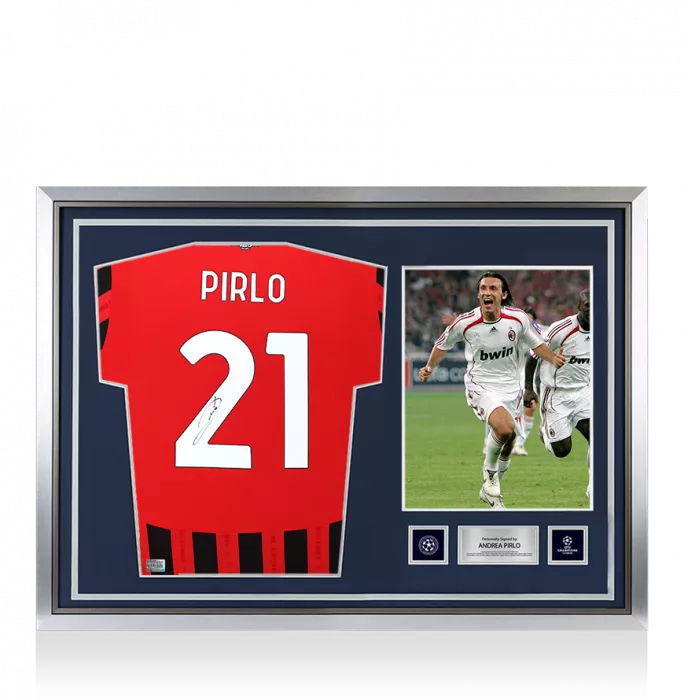 Andrea Pirlo Official UEFA Champions League Back Signed and Hero Framed AC Milan 2024-25 Home Shirt With Fan Style Numbers
