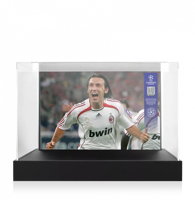 Andrea Pirlo Official UEFA Champions League Signed Nike Tiempo Black Boot In Photo Acrylic Case: Option 1