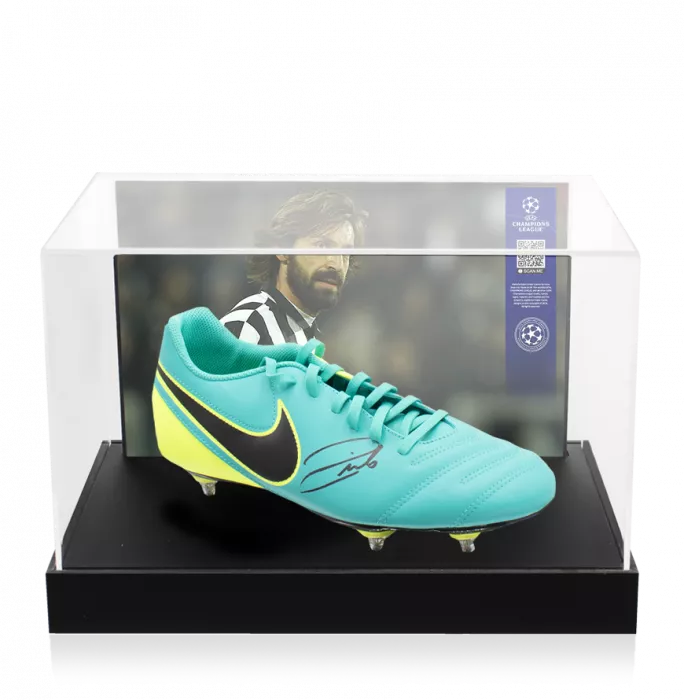 Andrea Pirlo Official UEFA Champions League Signed Nike Tiempo Boot In Photo Acrylic Case: Option 1