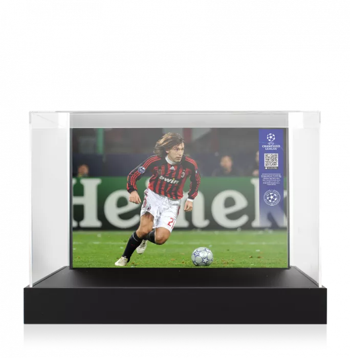 Andrea Pirlo Official UEFA Champions League Signed Nike Tiempo Boot In Photo Acrylic Case: Option 1