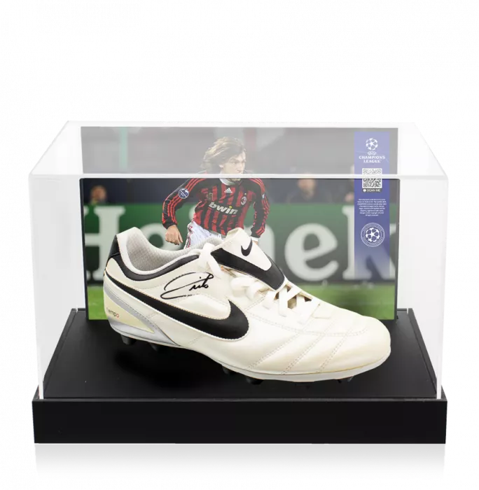 Andrea Pirlo Official UEFA Champions League Signed Nike Tiempo Boot In Photo Acrylic Case: Option 1