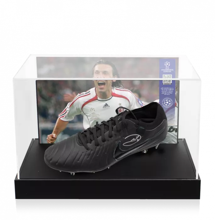 Andrea Pirlo Official UEFA Champions League Signed Nike Tiempo Black Boot In Photo Acrylic Case: Option 1