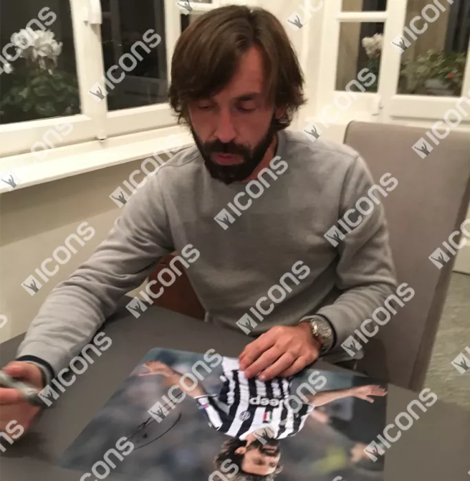 Andrea Pirlo Signed Juventus Photo In Black Wooden Frame: Goal Vs Olympique Lyonnais