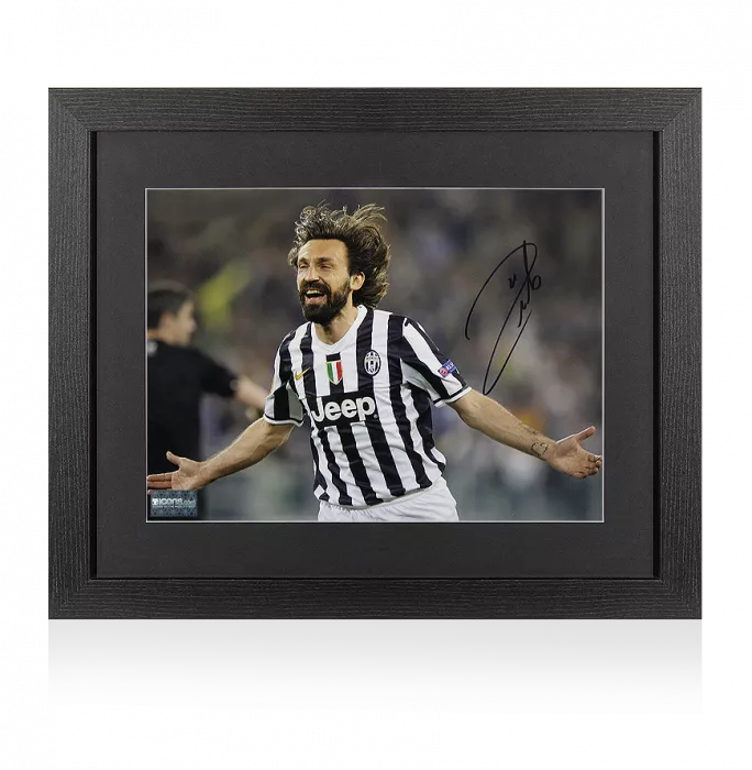 Andrea Pirlo Signed Juventus Photo In Black Wooden Frame: Goal vs Olympique Lyonnais