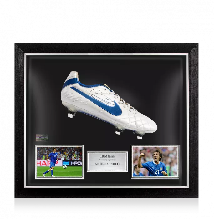 Andrea Pirlo Signed White And Blue Nike Tiempo Boot In Bubble Frame: Italy