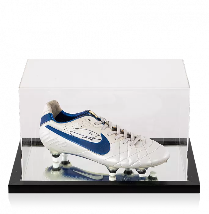 Andrea Pirlo Signed White and Blue Nike Tiempo Boot In Acrylic Case