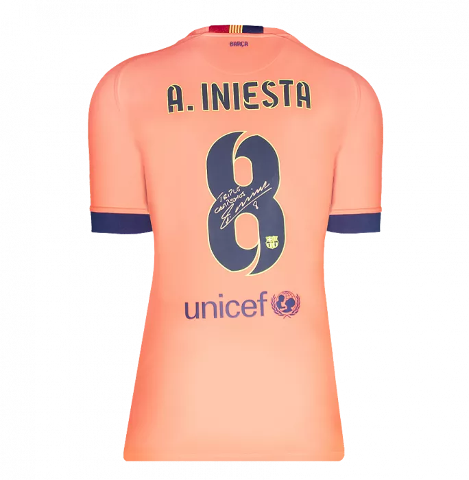 Andres Iniesta Back Signed FC Barcelona 2014-15 Away Shirt Inscription - "Triple Campeones" In Hero Frame: Option 1