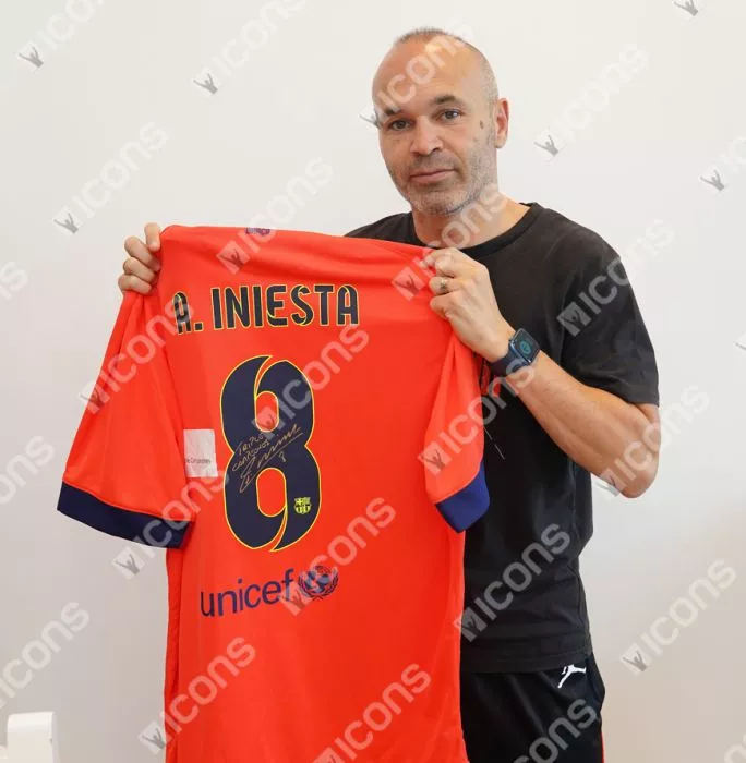 Andres Iniesta Back Signed FC Barcelona 2014-15 Away Shirt Inscription - "Triple Campeones" In Hero Frame: Option 1