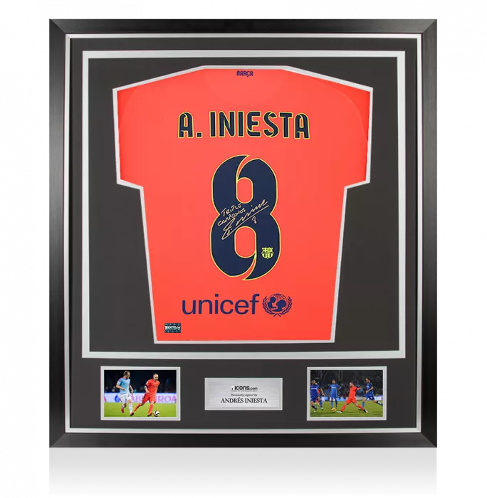 Andres Iniesta Back Signed FC Barcelona 2014-15 Away Shirt Inscription - "Triple Campeones" In Classic Frame