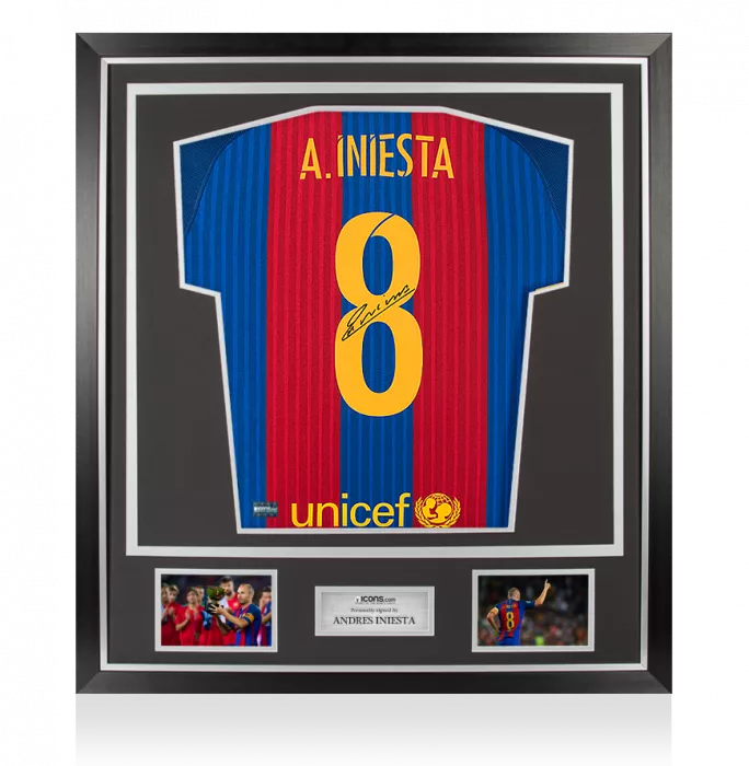 Andres Iniesta Back Signed FC Barcelona 2016-17 Home Shirt With Fan Style Numbers In Classic Frame