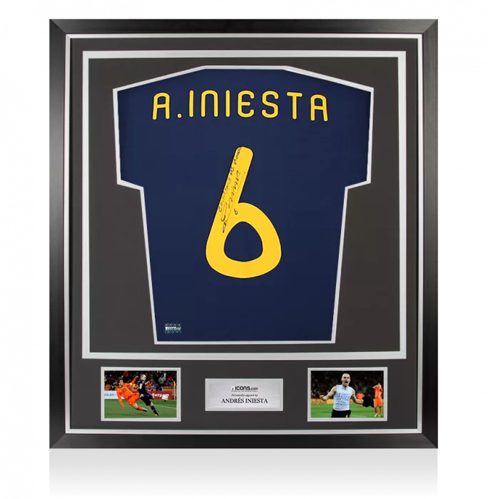 Andres Iniesta Back Signed Spain 2010 Away Shirt Inscription - 'Campeones Del Mundo' In Classic Frame