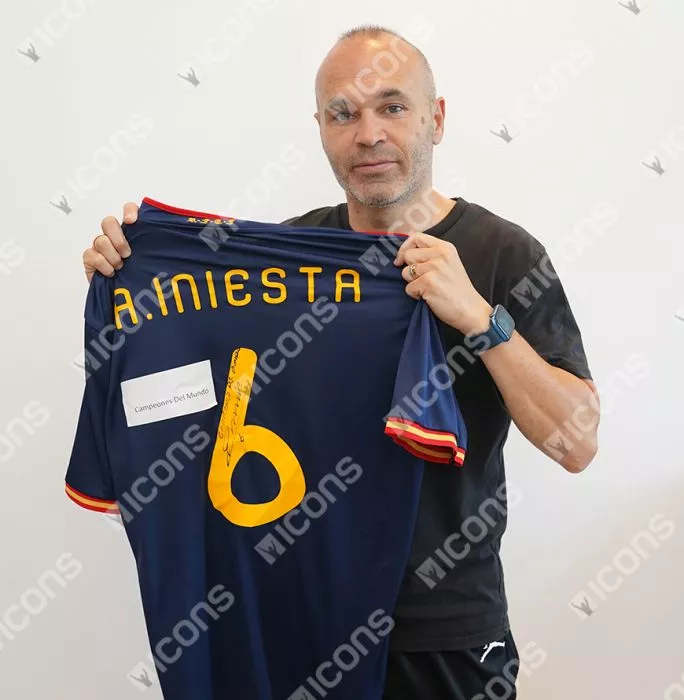 Andres Iniesta Back Signed Spain 2010 Away Shirt Inscription - 'Campeones Del Mundo'