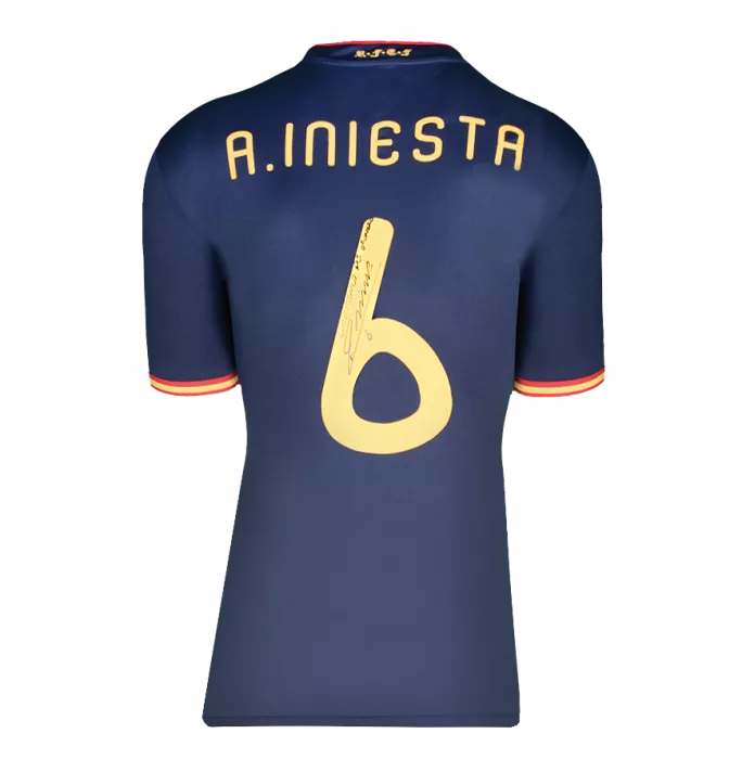 Andres Iniesta Back Signed Spain 2010 Away Shirt Inscription - 'Campeones Del Mundo'