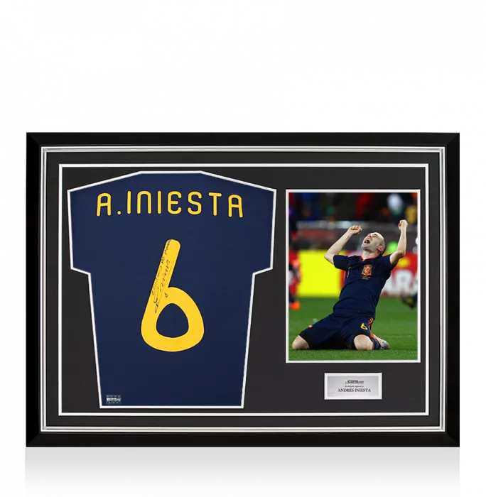 Andres Iniesta Back Signed Spain 2010 Away Shirt Inscription - 'Campeones Del Mundo' In Hero Frame: Option 1