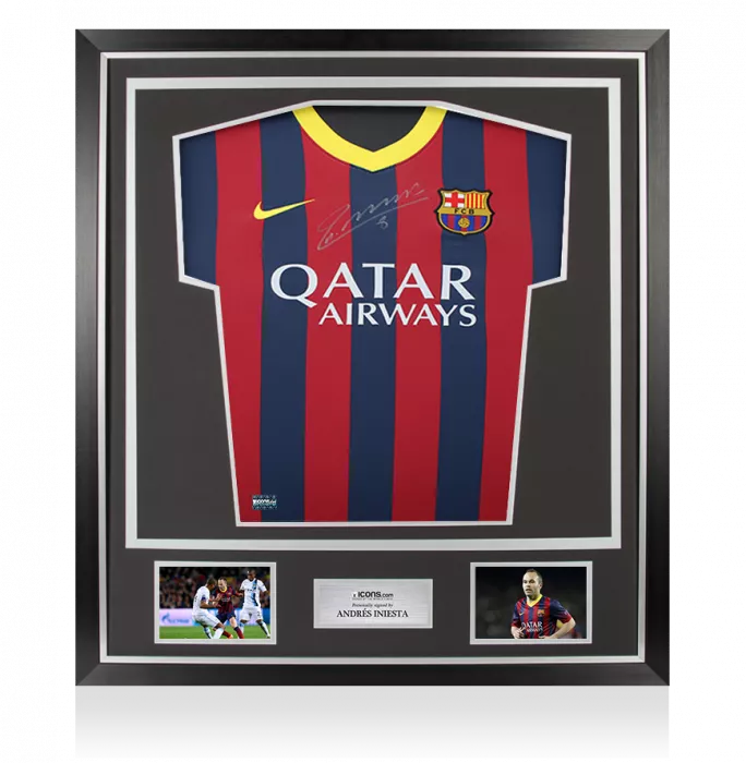 Andres Iniesta Front Signed FC Barcelona 2013-14 Home Shirt: Version 3 In Classic Frame