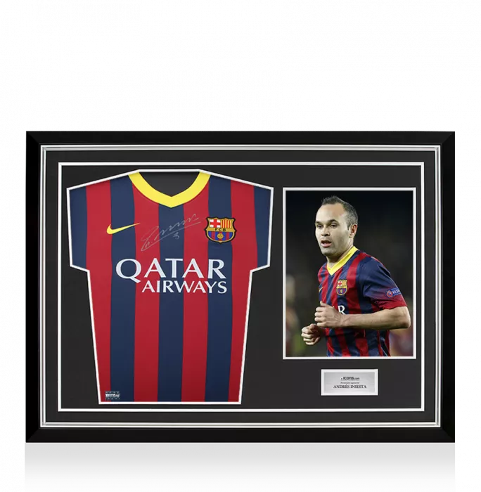 Andres Iniesta Front Signed FC Barcelona 2013-14 Home Shirt: Version 3 In Hero Frame: Option 1