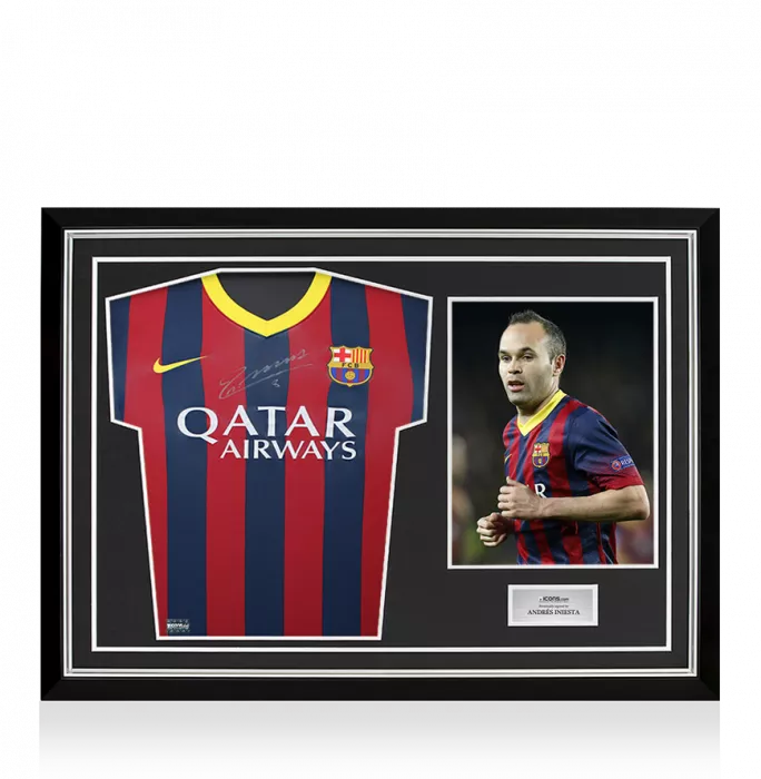 Andres Iniesta Front Signed FC Barcelona 2013-14 Home Shirt: Version 2 In Hero Frame: Option 1