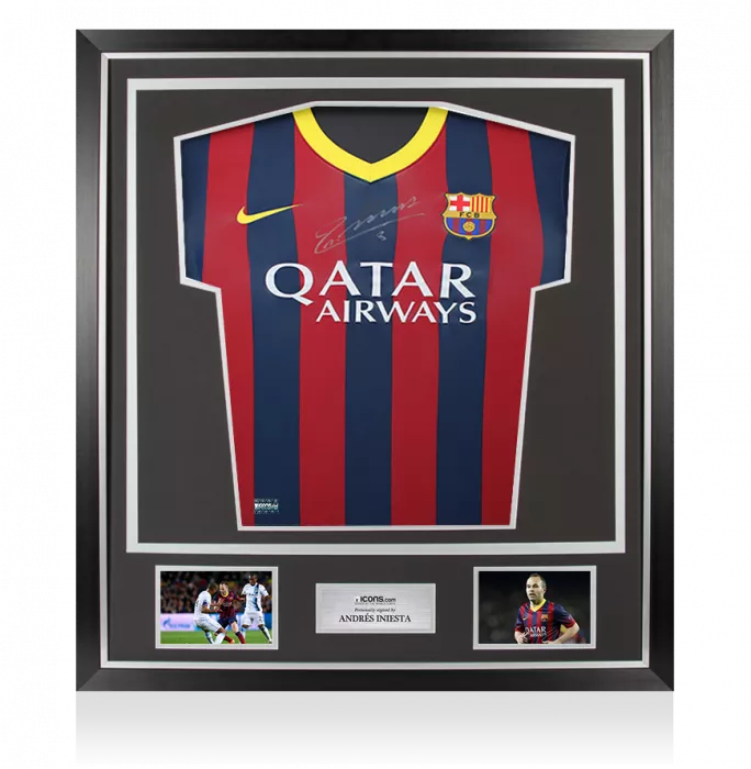 Andres Iniesta Front Signed FC Barcelona 2013-14 Home Shirt: Version 2 In Classic Frame
