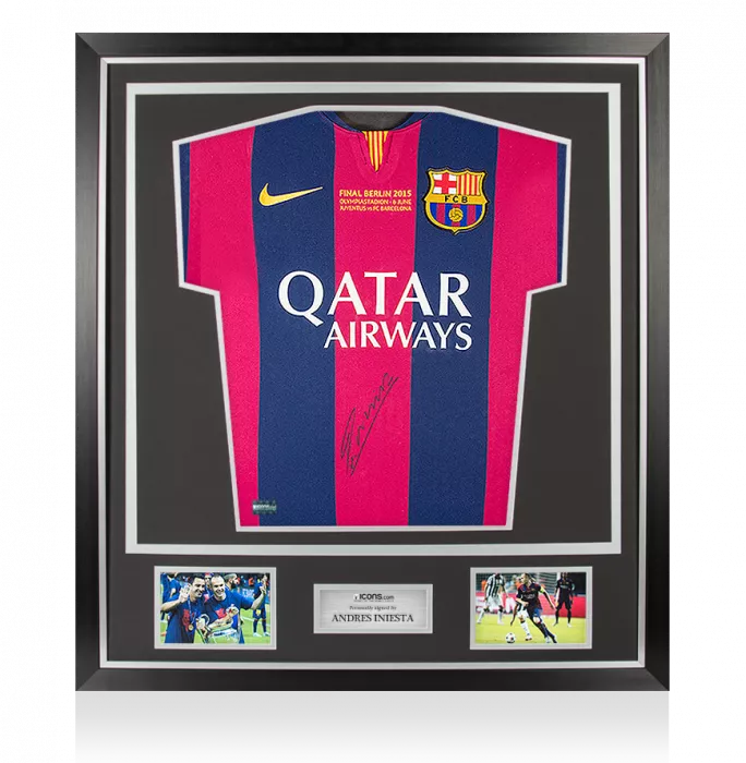 Andres Iniesta Front Signed FC Barcelona 2014-15 Shirt with UCL Final Text In Classic Frame