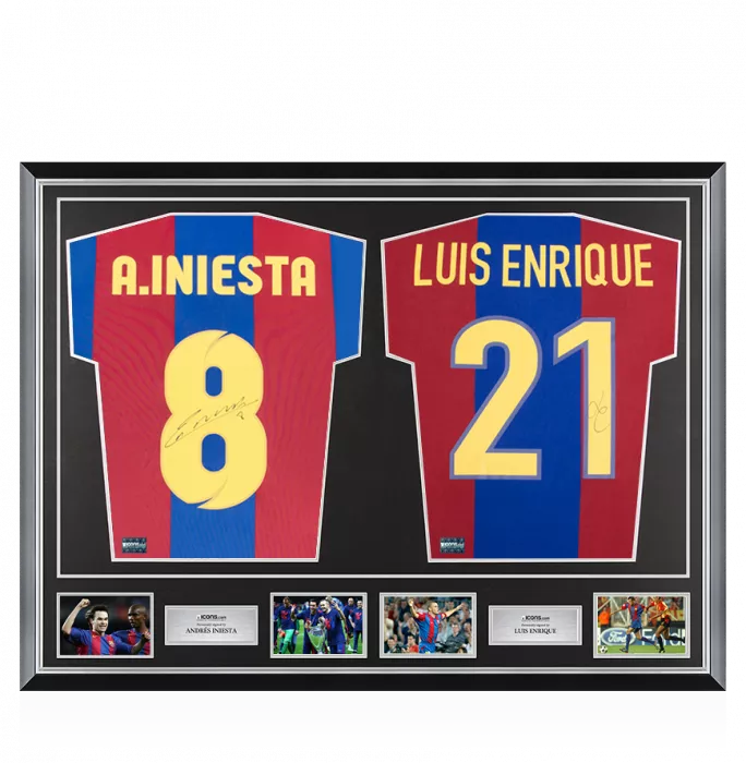 Andres Iniesta & Luis Enrique Signed Barcelona Shirts In Classic Dual Frame