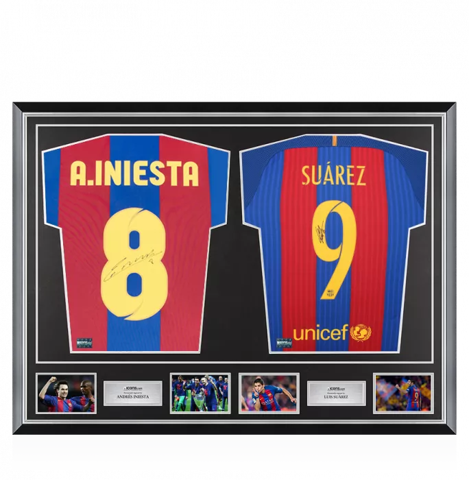 Andres Iniesta & Luis Suarez Signed Barcelona Shirts In Classic Dual Frame