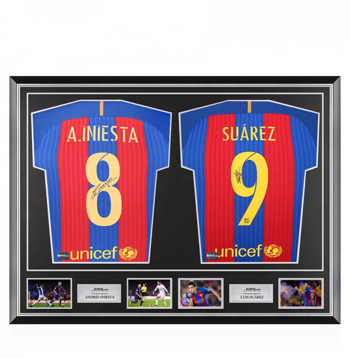 Andres Iniesta & Luis Suarez Signed FC Barcelona 2016-17 Home Shirts In Classic Dual Frame