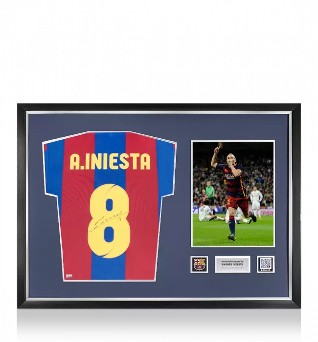 Andres Iniesta Official FC Barcelona Back Signed and Framed Retro Home Shirt