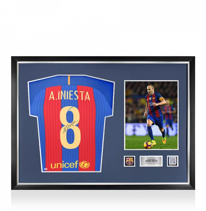 Andres Iniesta Official FC Barcelona Back Signed and Framed 2016-17 Home Shirt with Fan Style Number