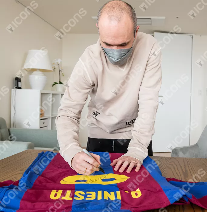 Andres Iniesta Official FC Barcelona Back Signed And Framed Retro Home Shirt With Fan Style Number: Infinity Edition
