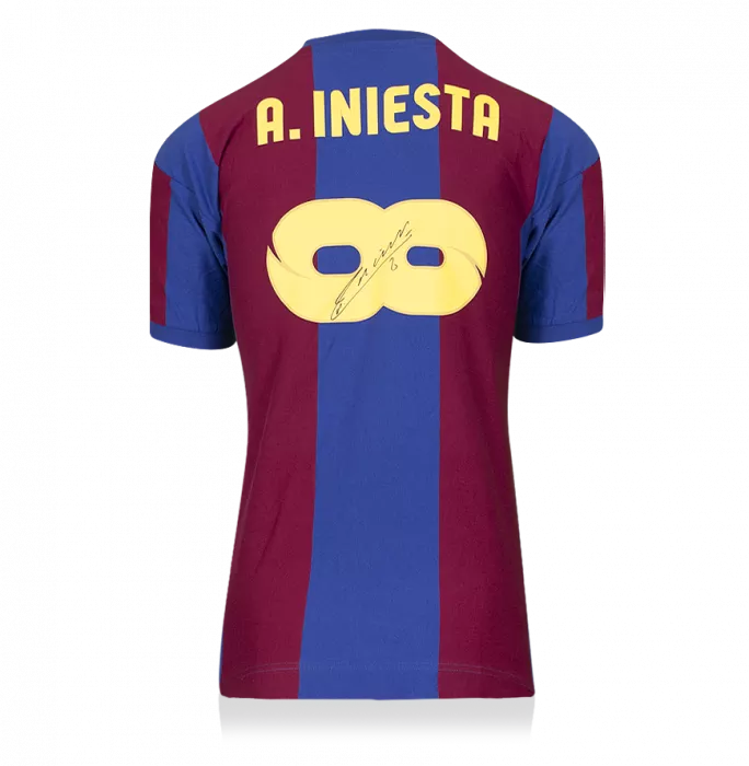 Andres Iniesta Official FC Barcelona Back Signed And Framed Retro Home Shirt With Fan Style Number: Infinity Edition