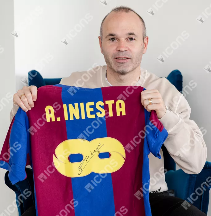 Andres Iniesta Official FC Barcelona Back Signed And Framed Retro Home Shirt With Fan Style Number: Infinity Edition