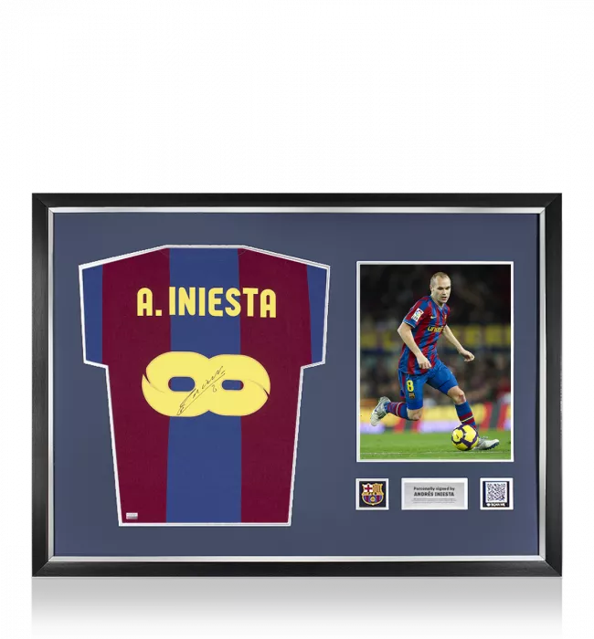 Andres Iniesta Official FC Barcelona Back Signed and Framed Retro Home Shirt With Fan Style Number: Infinity Edition