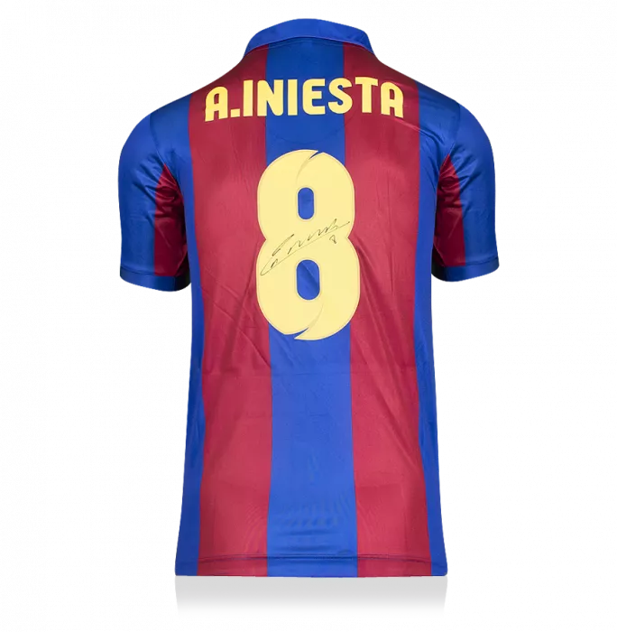 Andres Iniesta Official FC Barcelona Back Signed And Framed Retro Home Shirt With Fan Style Number