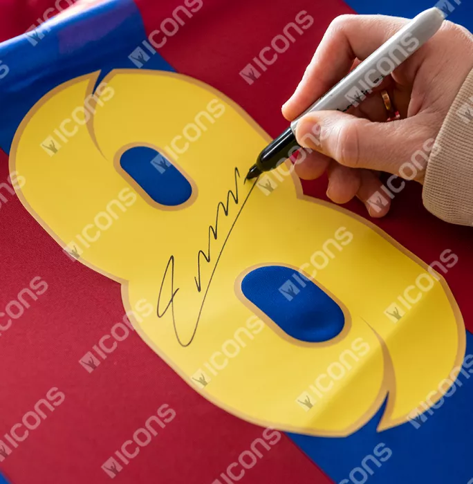 Andres Iniesta Official FC Barcelona Back Signed And Framed Retro Home Shirt With Fan Style Number