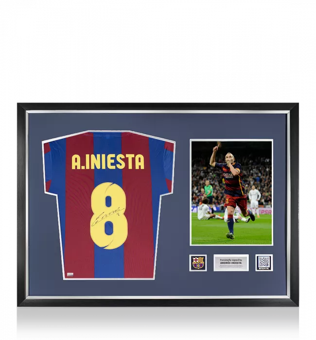 Andres Iniesta Official FC Barcelona Back Signed and Framed Retro Home Shirt With Fan Style Number