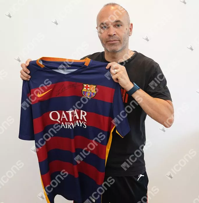 Andres Iniesta Official FC Barcelona Front Signed And Framed 2015-16 Home Shirt
