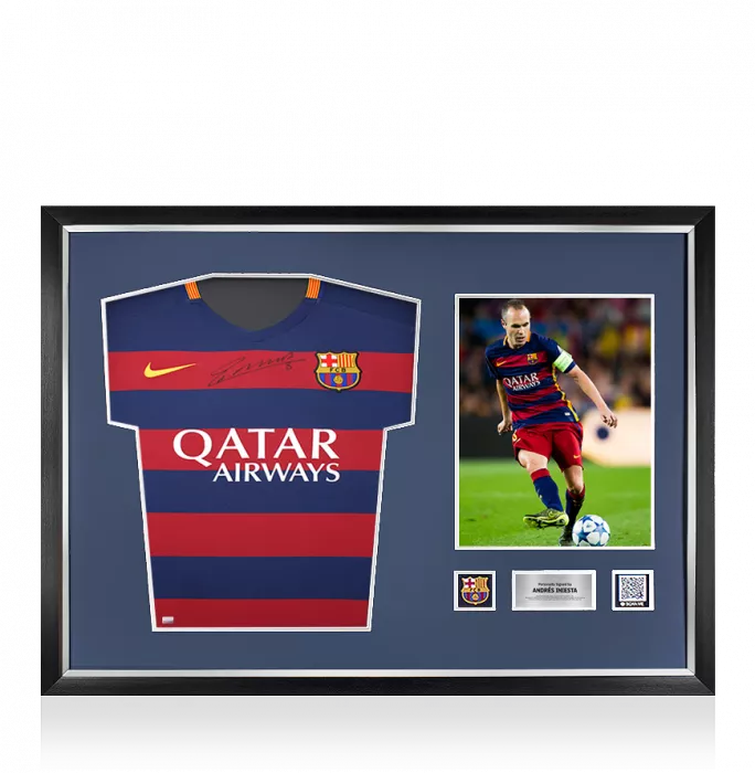 Andres Iniesta Official FC Barcelona Front Signed and Framed 2015-16 Home Shirt